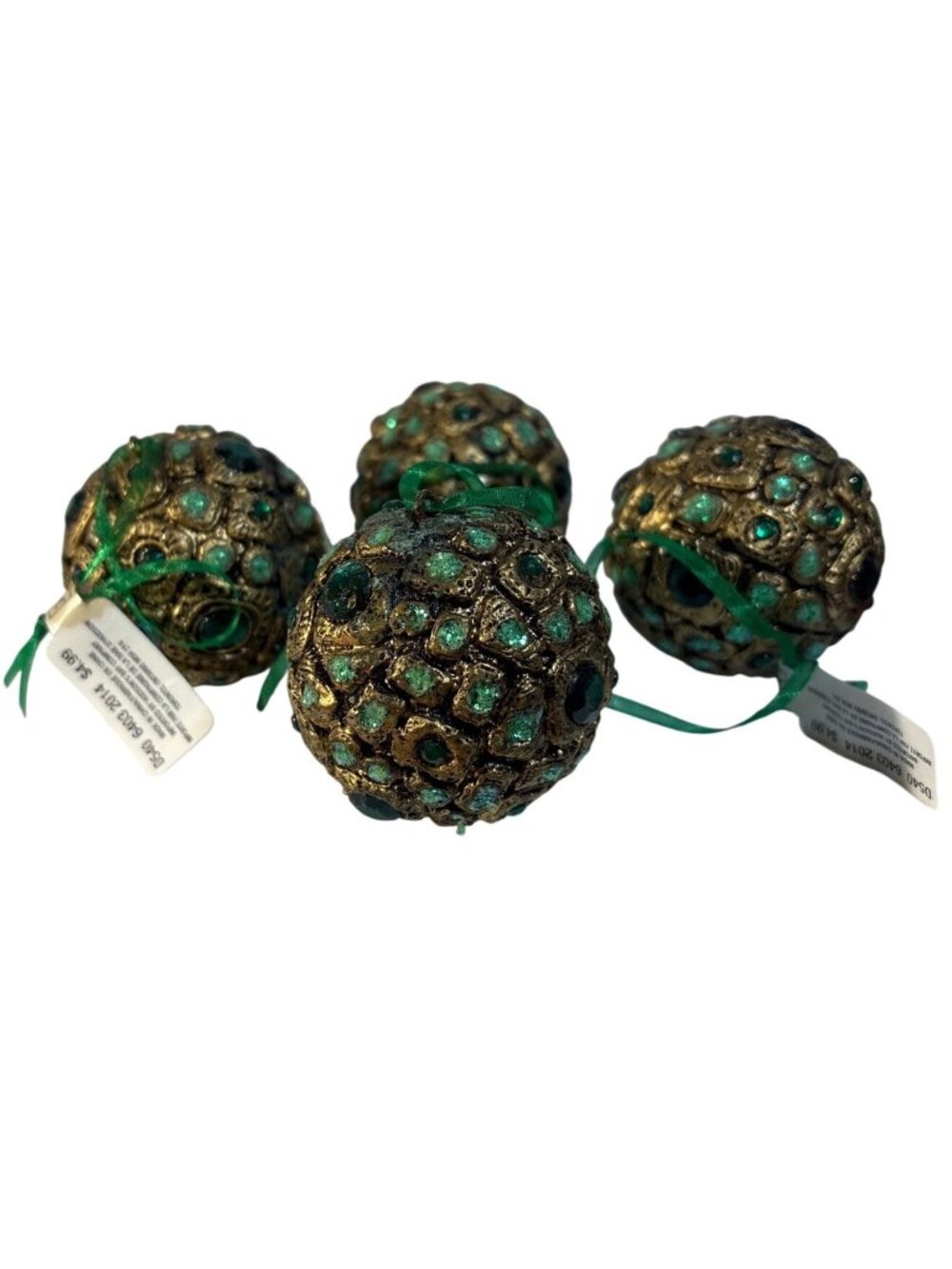 4 Hudson Bay Holiday Ornaments Gold & Green Beaded  Hanging Spheres Christmas